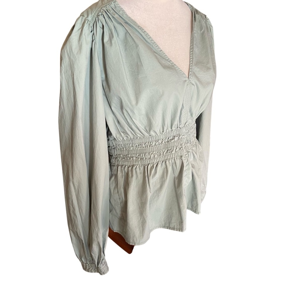 Gap Puff Sleeve Peplum Top Size S Sage Green Smocked Waist Spring Casual Coastal - Picture 5 of 9